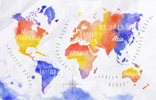 Watercolor World Map Red Purple