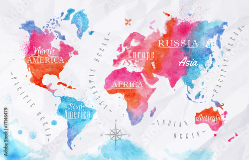 Obraz w ramie Watercolor world map pink blue