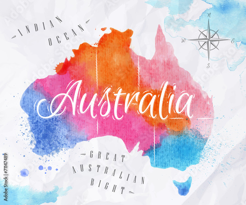 Fotografía Watercolor map Australia pink blue