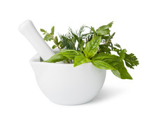 Mortar With Herbs Isolated