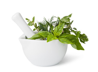 Poster - mortar with herbs isolated
