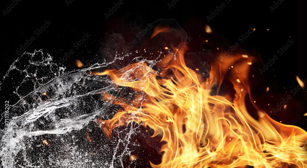 Fire and water elements on black background - obrazy, fototapety, plakaty 