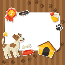 Background With Cute Sticker Dog, Icons And Objects.