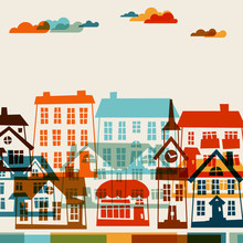 Town Background Design With Cute Colorful Houses.