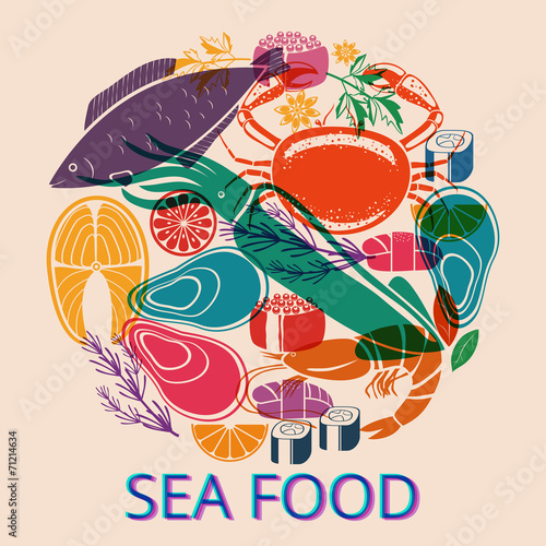 Plakat na zamówienie Seafood Graphic with Various Fish and Shellfish