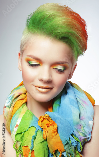 Obraz w ramie Woman with Vivid Multicolored Bob Haircut and Bright Makeup