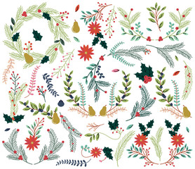 Wall Mural - Vector Collection of Vintage Style Hand Drawn Christmas Holiday 