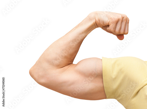 Cuadros en Lienzo Strong male arm shows biceps. Close-up photo isolated on white