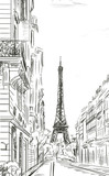 Fototapeta Paryż - Street in autumn Paris. Eiffel tower -sketch illustration