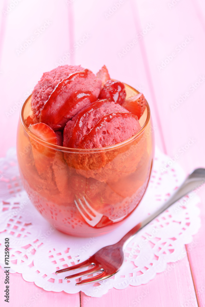 Delicious ice cream on table close-up
