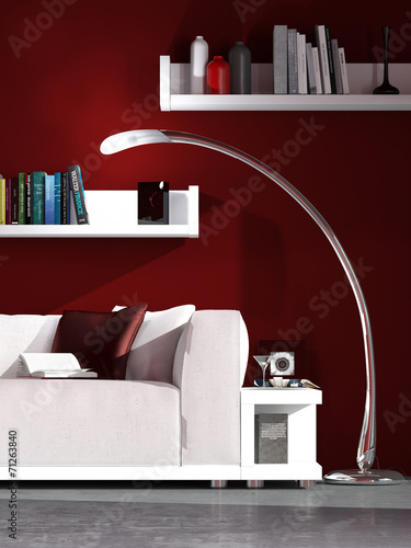 Weißes Sofa vor roter Wand mit Bücherregalen – kaufen Sie diese