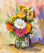© nongkran_ch - Glass vase with bouquet gerbera flowers.Oil painting