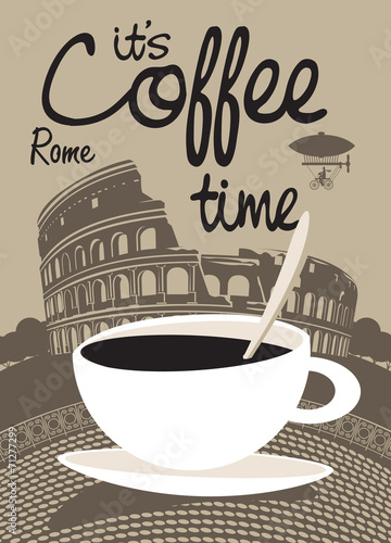 Naklejka - mata magnetyczna na lodówkę Vector picture with coffee cup on the Rome Colosseum