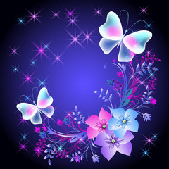 Wall Mural - Glowing background with flowers and butterflies