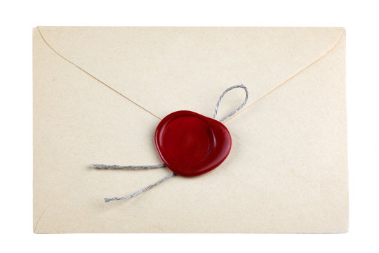 old mail envelope with red wax seal stamps