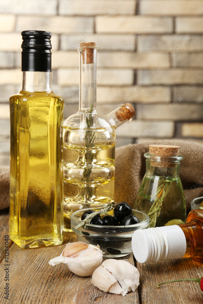 Different sorts of cooking oil, close-up