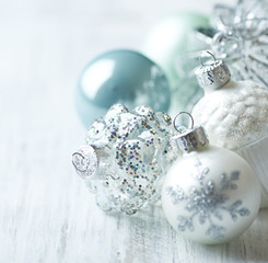 Wall Mural - White and blue Christmas balls; close up