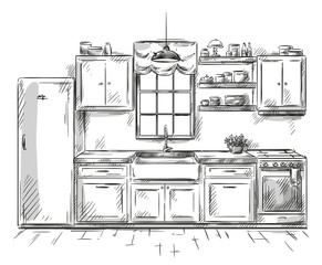 Wall Mural - Kitchen interior drawing, vector illustration