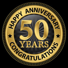 Wall Mural - 50 years happy anniversary congratulations gold label with ribbo