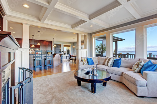 Luxury House With Open Floor Plan Coffered Ceiling Carpet