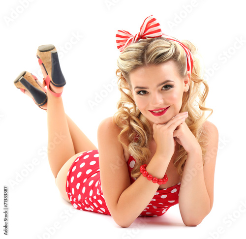 Beautiful girl with pretty smile in pinup style, isolated Canvas Print