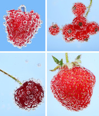 Wall Mural - Collage of berries in water with bubbles on blue background