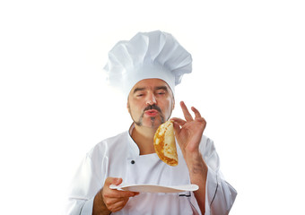 Wall Mural - Playful Chef eats a pancake