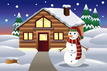 Wall Mural - Snowman in front of a house