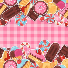 Fototapete - Seamless pattern colorful sticker candy, sweets and cakes.