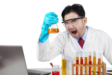 Canvas Print - Crazy chemist holds chemical fluid