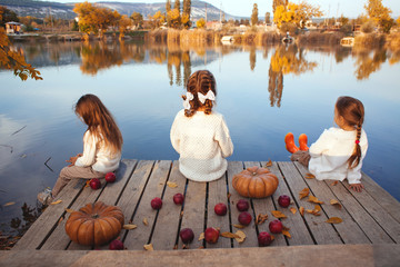 Wall Mural - Kids playing near the lake in autumn