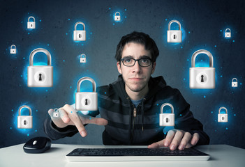 Poster - Young hacker with virtual lock symbols and icons