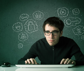 Aufkleber - Young nerd hacker with virus and hacking thoughts