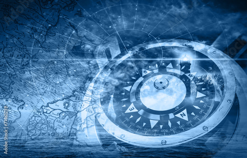 Fotografía Blue ships navigation illustration with compass, lighthouse and