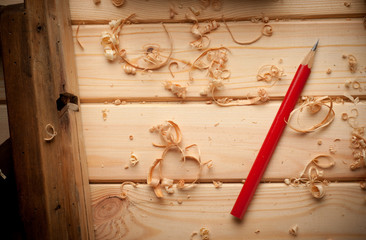 carpenter tools in pine wood table