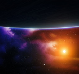 Wall Mural - blue planet with bright star and colorful nebula.