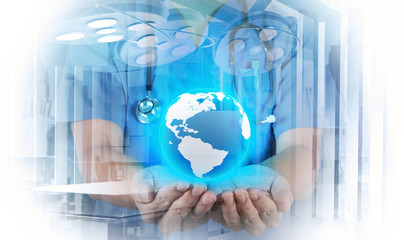 Wall Mural - Double exposure of smart medical doctor holding the world with o