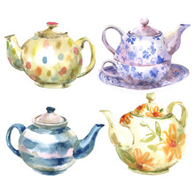Set Of Watercolor Teapot On A White Background