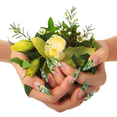 Wall Mural - Hands holding a bouquet of flowers.Isolated