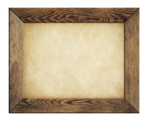 wood frame with old paper isolated on white