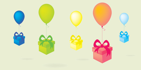 Flying colorful balloons with gift boxes vector background