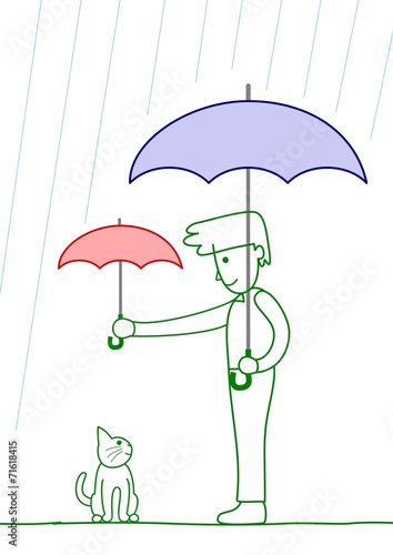 猫に傘を差し出す男性 Stock ベクター Adobe Stock