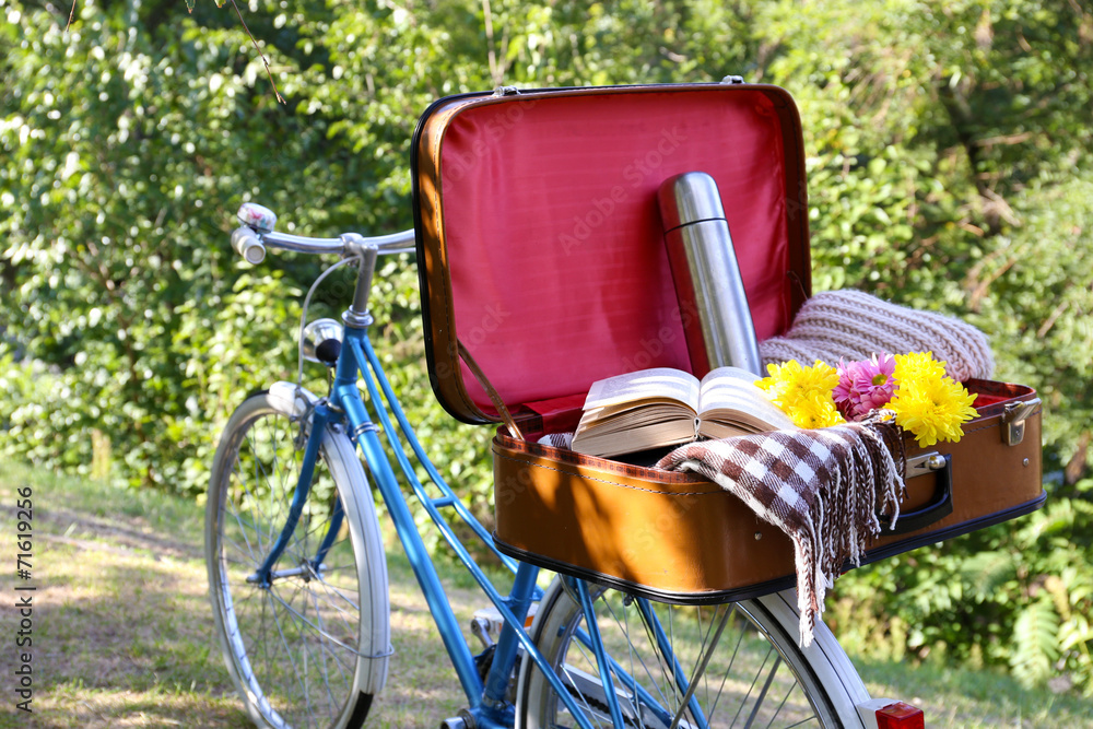 Bicycle and open suitcase on it in shadow in park