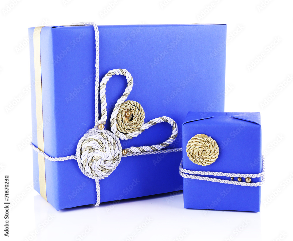 Blue holiday gift boxes isolated on white