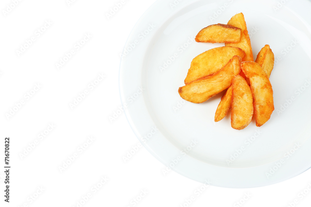 Homemade fried potato on plate isolated on white