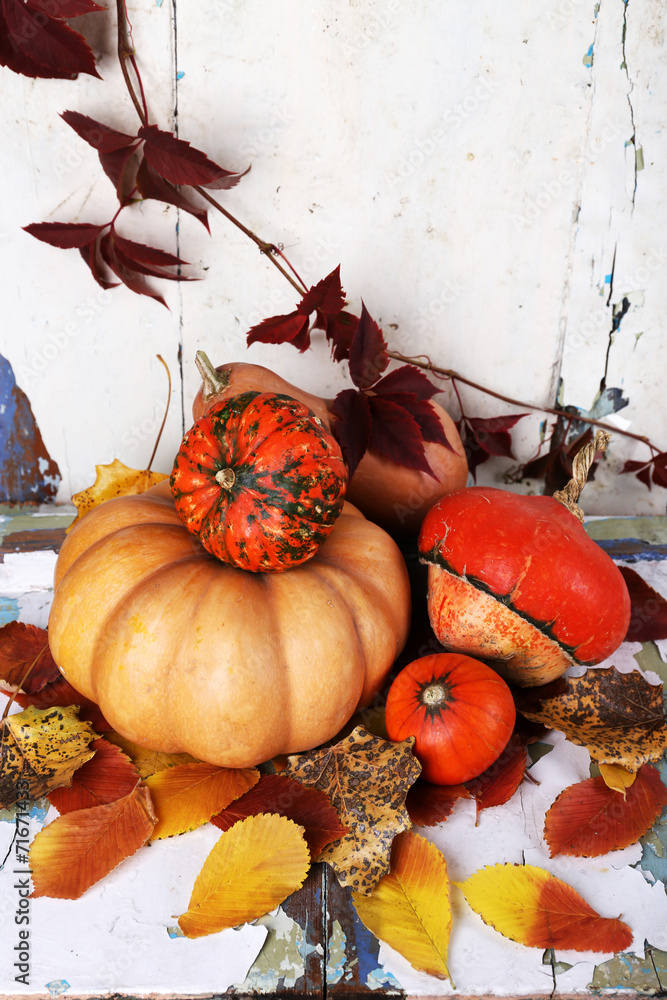 Pumpkins and leaves on old board on wall background
