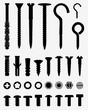Black silhouettes of wall plugs, bolts, nuts and screws