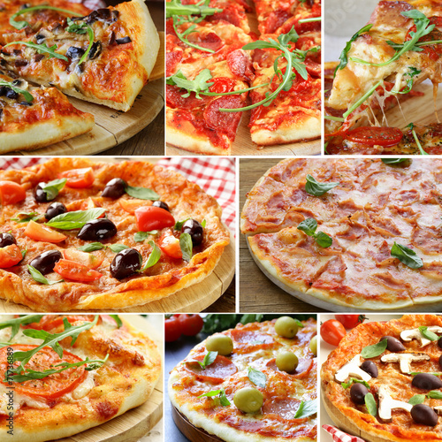 Obraz w ramie Set different kinds of pizza with olives, tomatoes and mushrooms