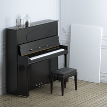 Retro Black Piano With Empty Frame In Classic Interior