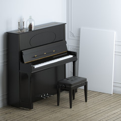 Retro black piano with empty frame in classic interior